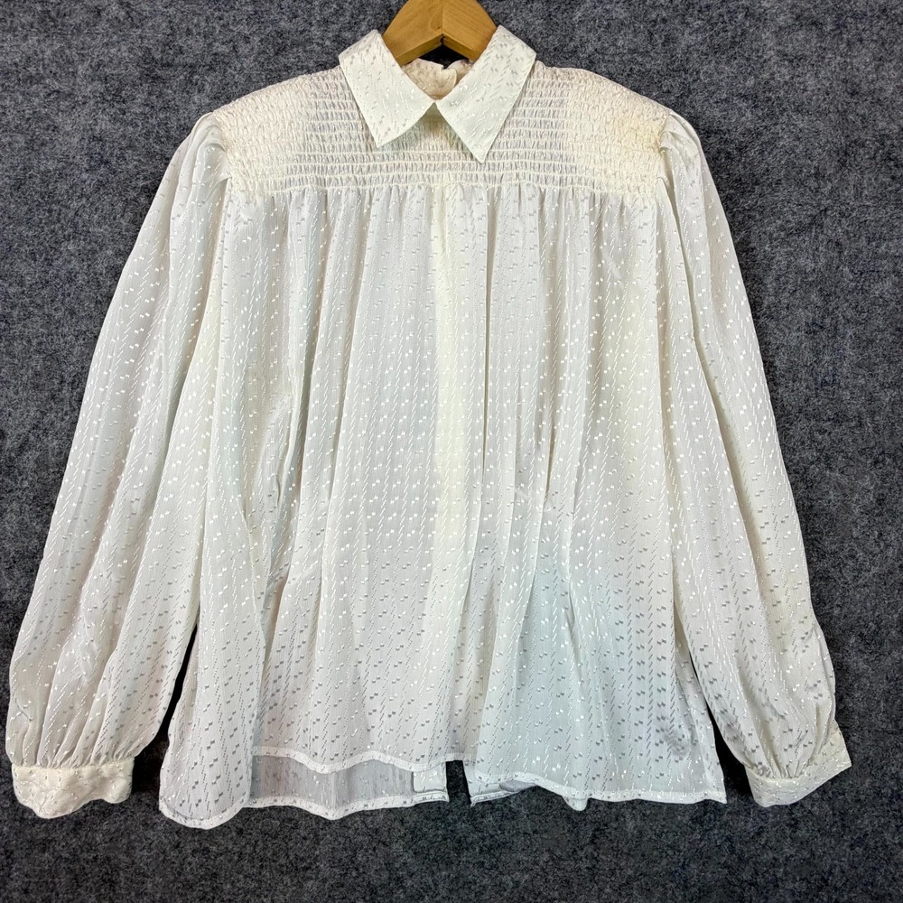 Vintage Nilani Blouse Womens 10 White Sheer Secretary Career Textured Collared